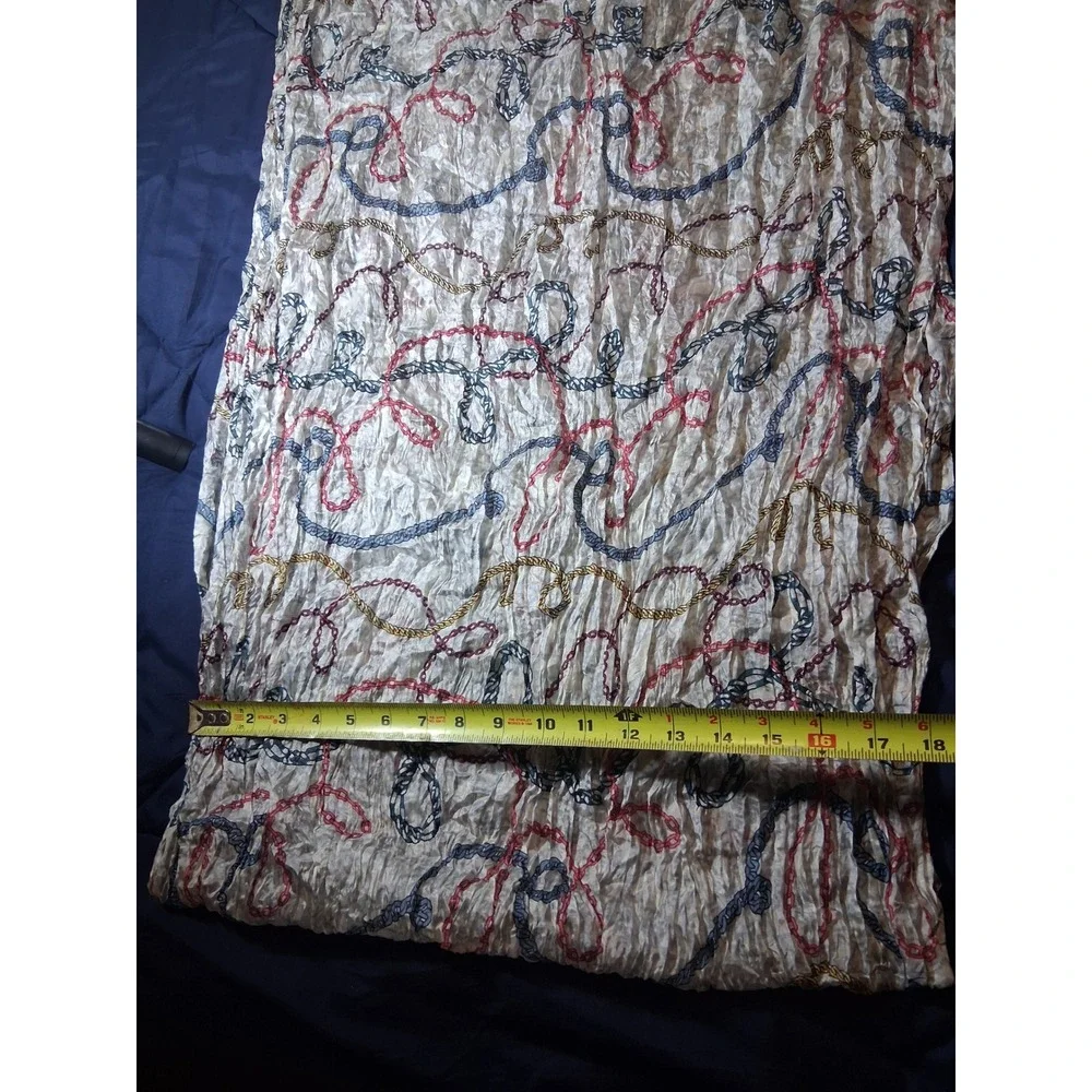 Tous 100% Silk Scarf Chain Link Print Crinkle Texture‎ Cream Red Blue NWT